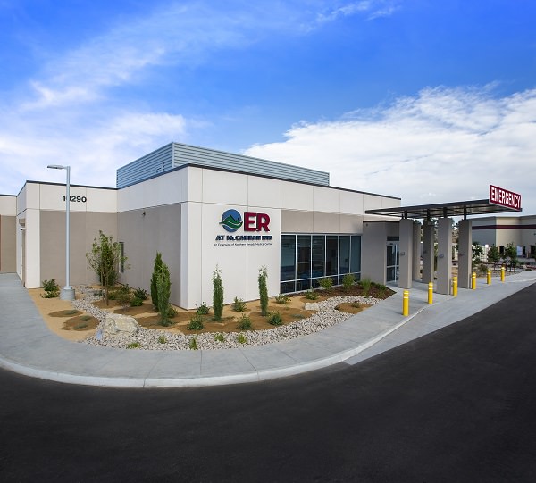 View of exterior of ER building, wide angle with blue sky
