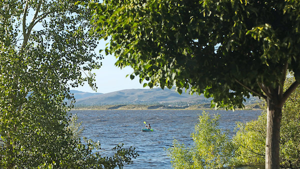 image of kayaker on Washoe Lake paddling viewed through frame of trees